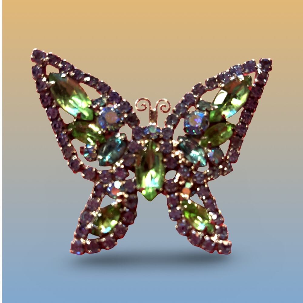 Vintage Green Rhinestone Butterfly Brooch